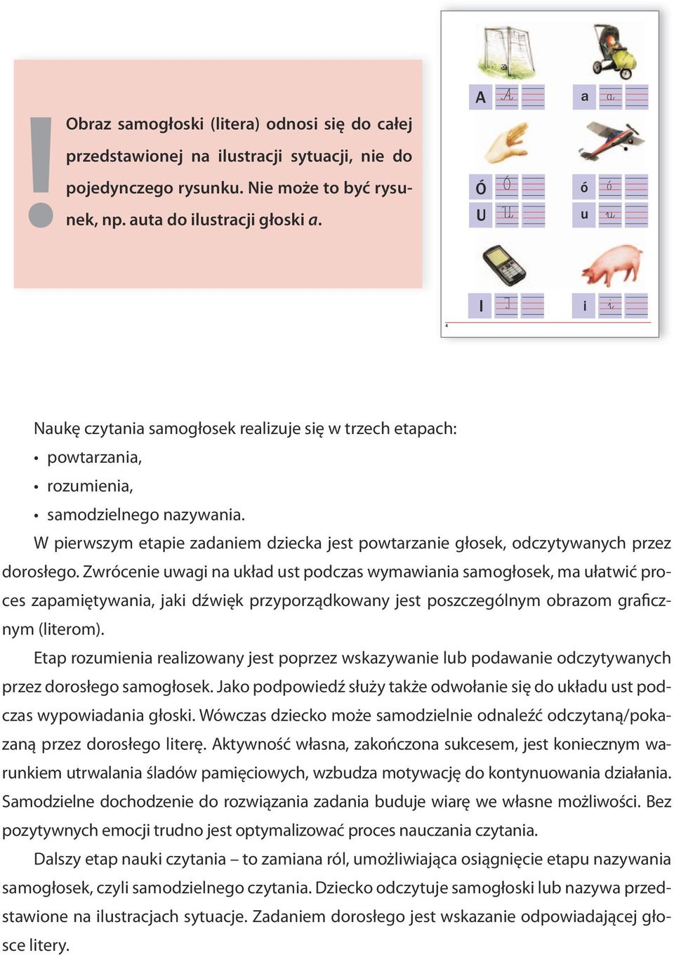 Zwrócenie uwagi na układ ust podczas wymawiania samogłosek, ma ułatwić proces zapamiętywania, jaki dźwięk przyporządkowany jest poszczególnym obrazom graficznym (literom).