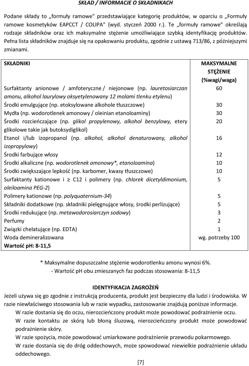 Pełna lista składników znajduje się na opakowaniu produktu, zgodnie z ustawą 713/86, z późniejszymi zmianami. SKŁADNIKI Surfaktanty anionowe / amfoteryczne / niejonowe (np.