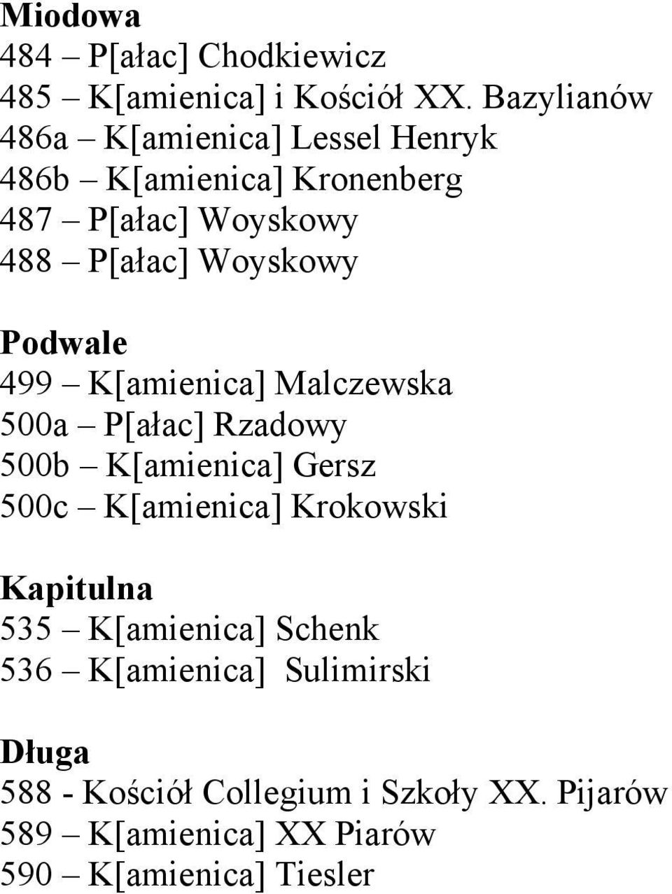 Woyskowy Podwale 499 K[amienica] Malczewska 500a P[ałac] Rzadowy 500b K[amienica] Gersz 500c K[amienica]