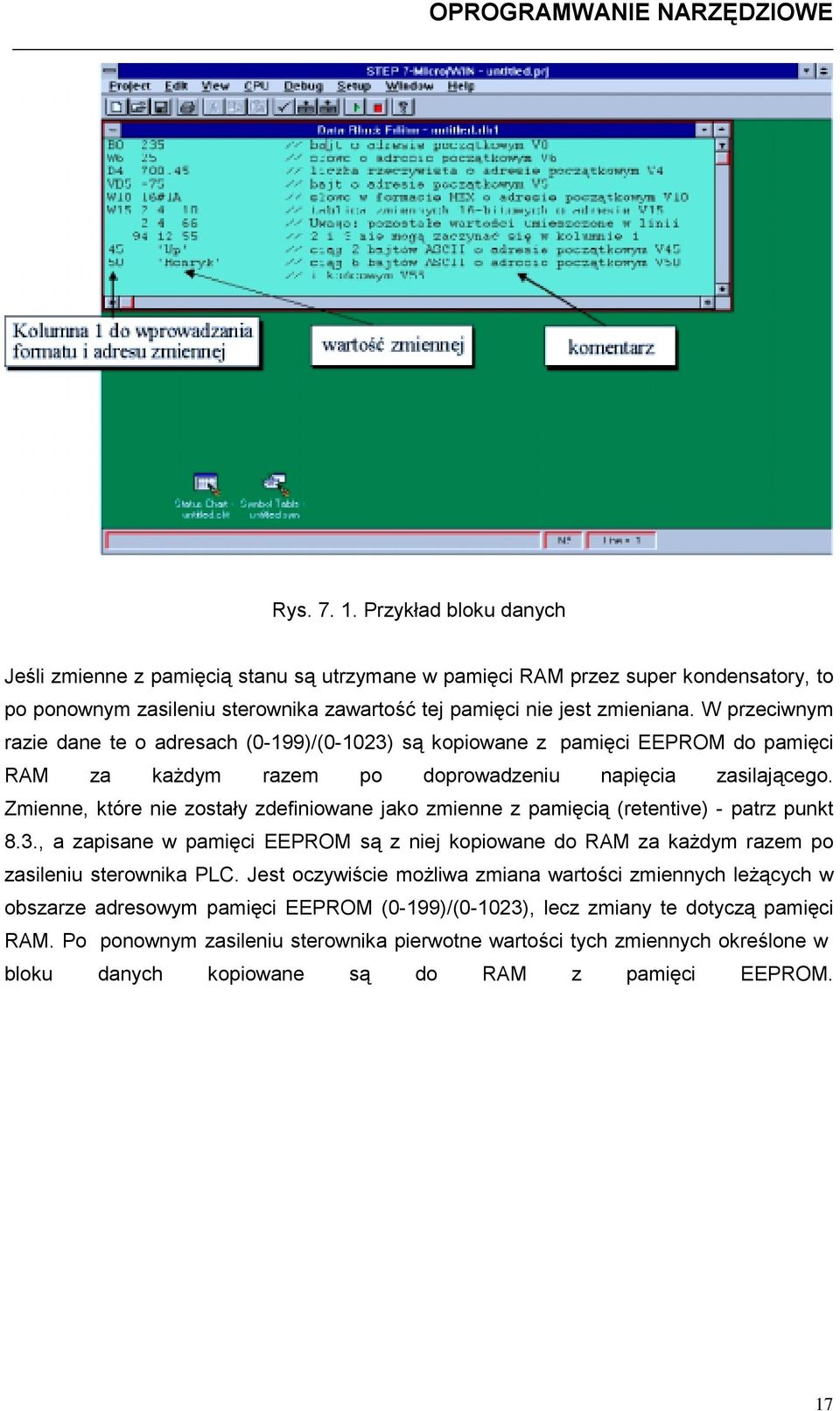 Zmienne, które nie zostały zdefiniowane jako zmienne z pamięcią (retentive) - patrz punkt 8.3., a zapisane w pamięci EEPROM są z niej kopiowane do RAM za każdym razem po zasileniu sterownika PLC.