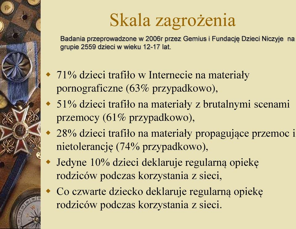 przemocy (61% przypadkowo), 28% dzieci trafiło na materiały propagujące przemoc i nietolerancję (74% przypadkowo), Jedyne 10% dzieci