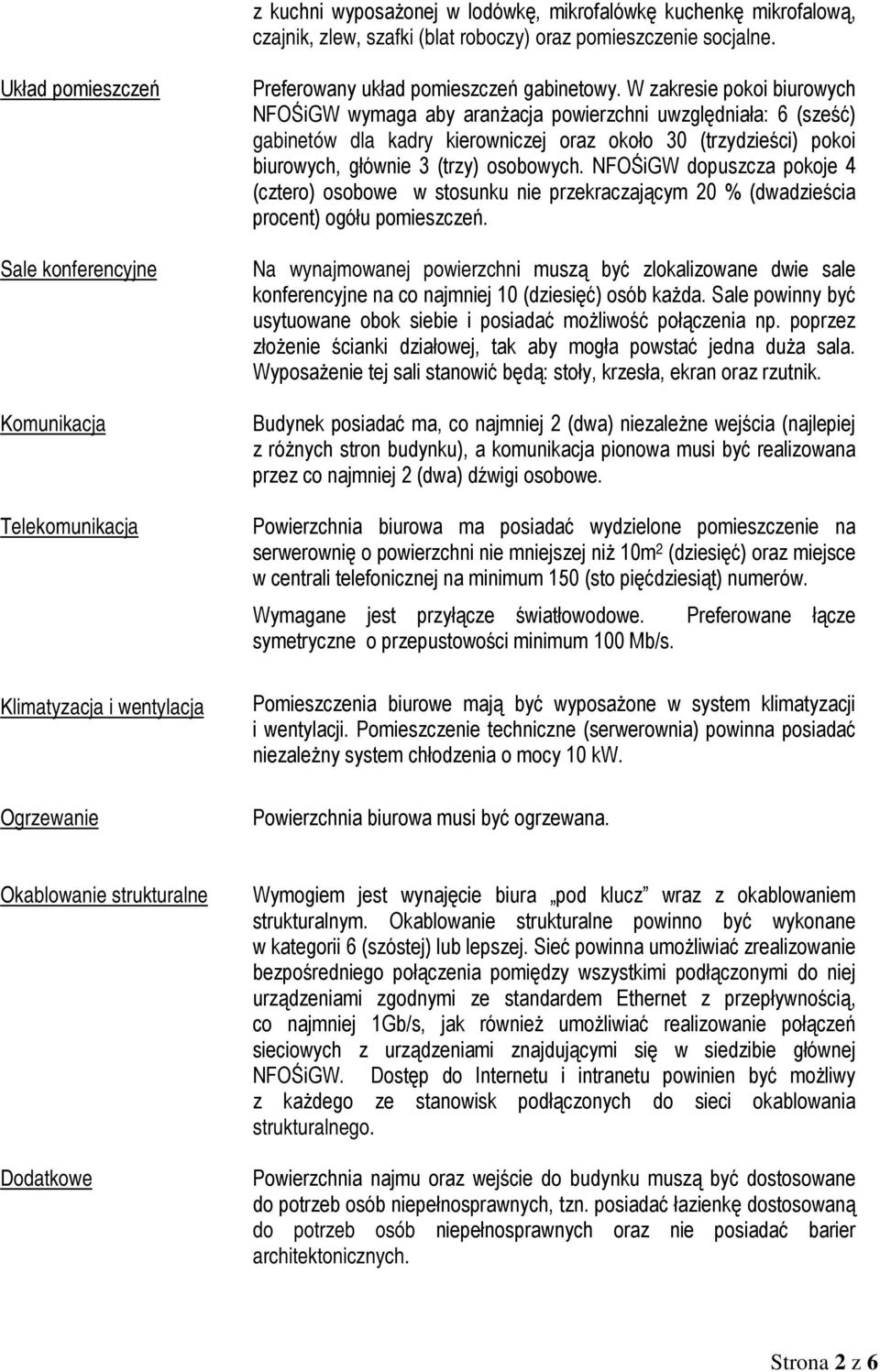 W zakresie pokoi biurowych NFOŚiGW wymaga aby aranżacja powierzchni uwzględniała: 6 (sześć) gabinetów dla kadry kierowniczej oraz około 30 (trzydzieści) pokoi biurowych, głównie 3 (trzy) osobowych.