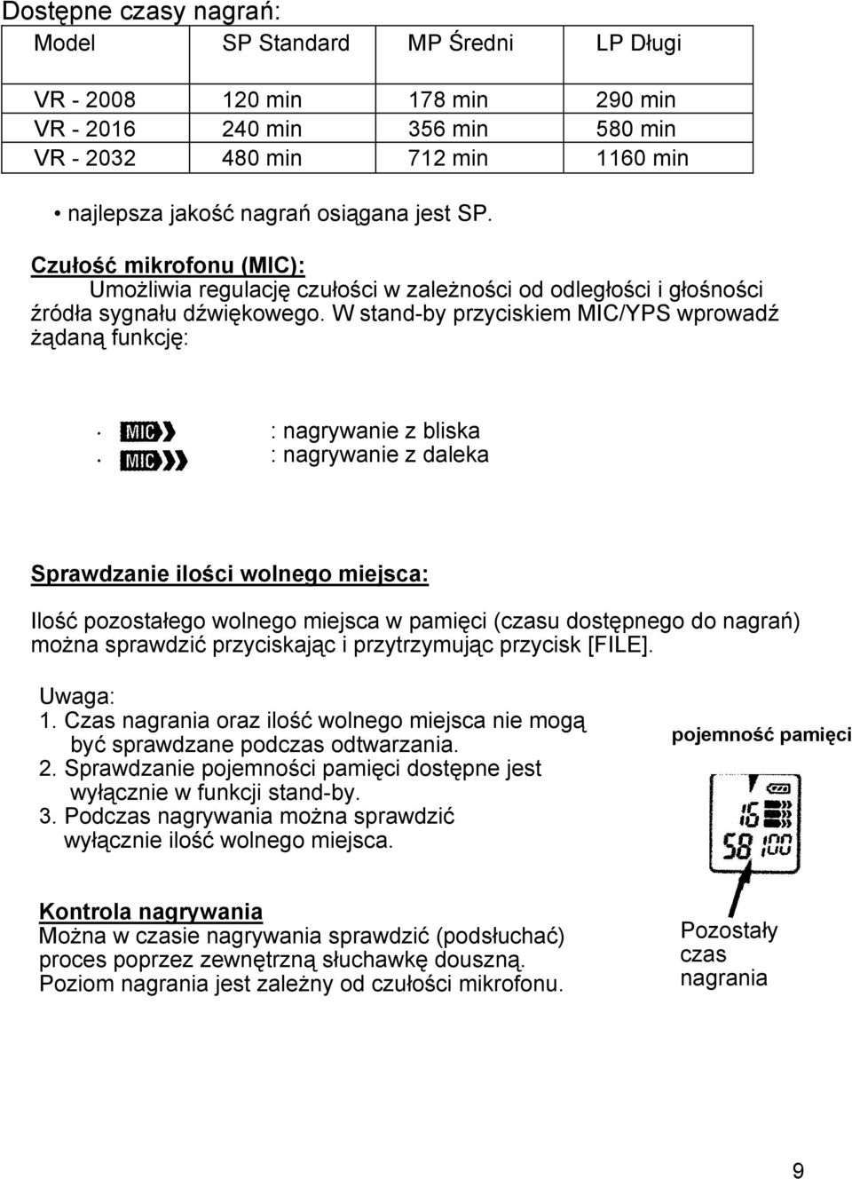 W stand-by przyciskiem MIC/YPS wprowadź żądaną funkcję: : nagrywanie z bliska : nagrywanie z daleka Sprawdzanie ilości wolnego miejsca: Ilość pozostałego wolnego miejsca w pamięci (czasu dostępnego