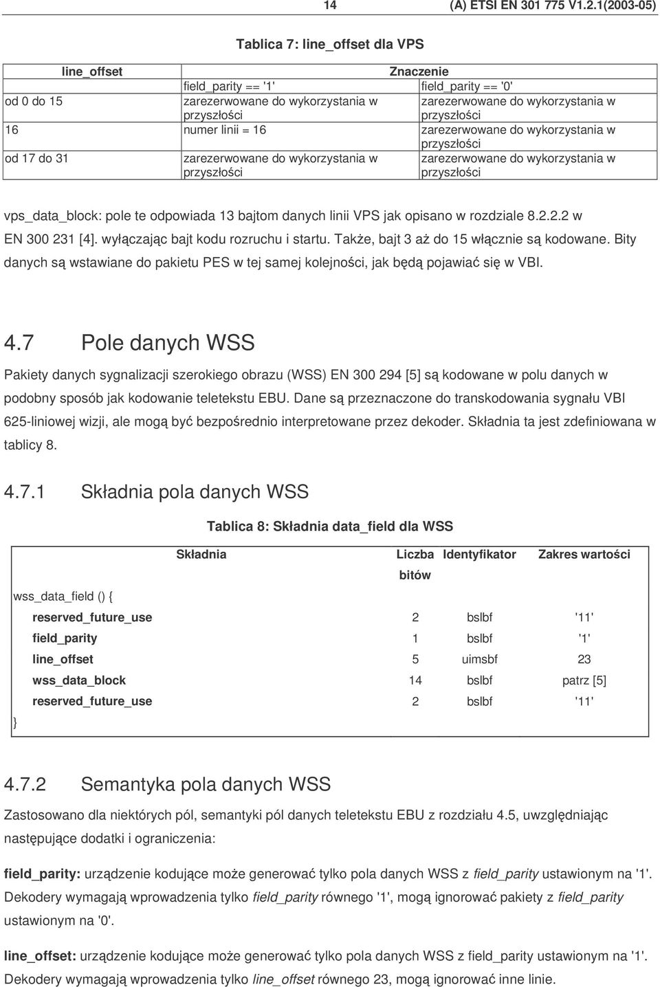 linii VPS jak opisano w rozdziale 8.2.2.2 w EN 300 231 [4]. wyłczajc bajt kodu rozruchu i startu. Take, bajt 3 a do 15 włcznie s kodowane.