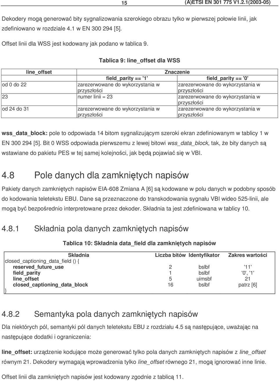 Tablica 9: line_offset dla WSS line_offset Znaczenie field_parity == '1' field_parity == '0' od 0 do 22 23 numer linii = 23 od 24 do 31 wss_data_block: pole to odpowiada 14 bitom sygnalizujcym