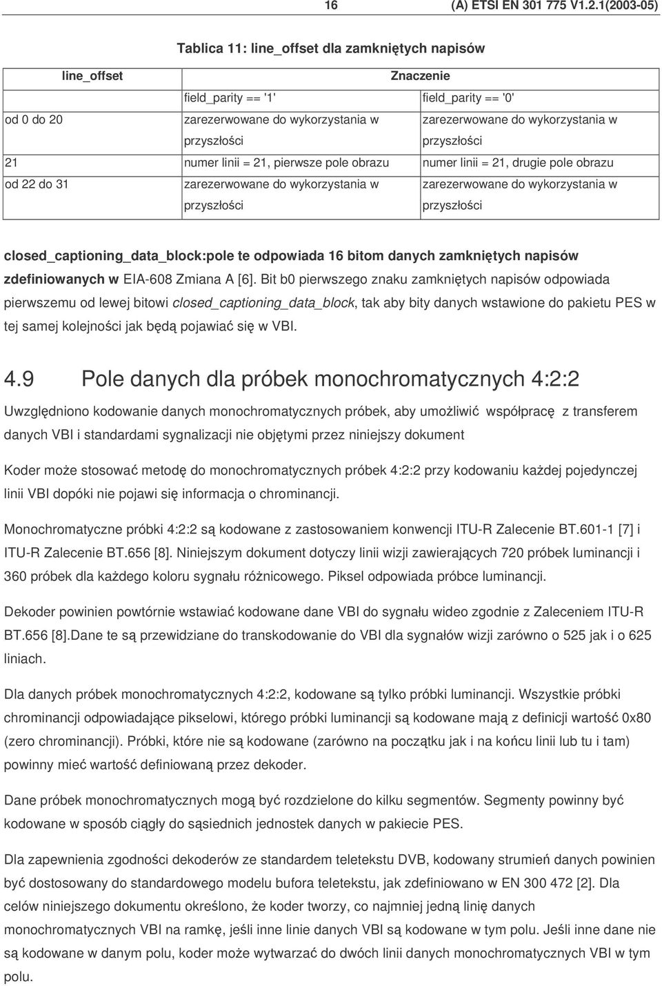 pole obrazu od 22 do 31 closed_captioning_data_block:pole te odpowiada 16 bitom danych zamknitych napisów zdefiniowanych w EIA-608 Zmiana A [6].