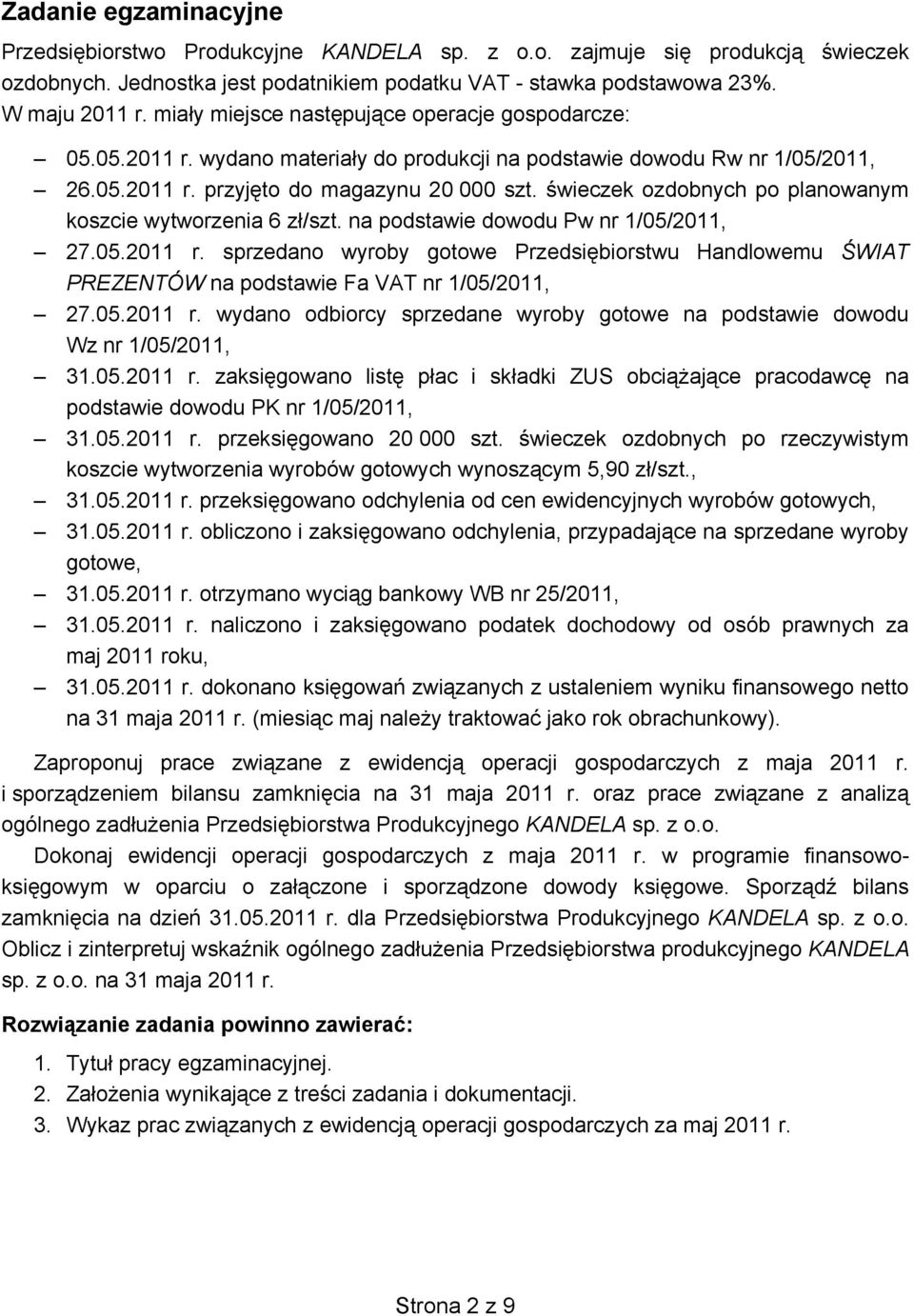 na podstawie dowodu Pw nr 1/05/2011, 27.05.2011 r. sprzedano wyroby gotowe Przedsiębiorstwu Handlowemu ŚWIAT PREZENTÓW na podstawie Fa VAT nr 1/05/2011, 27.05.2011 r. wydano odbiorcy sprzedane wyroby gotowe na podstawie dowodu Wz nr 1/05/2011, 31.