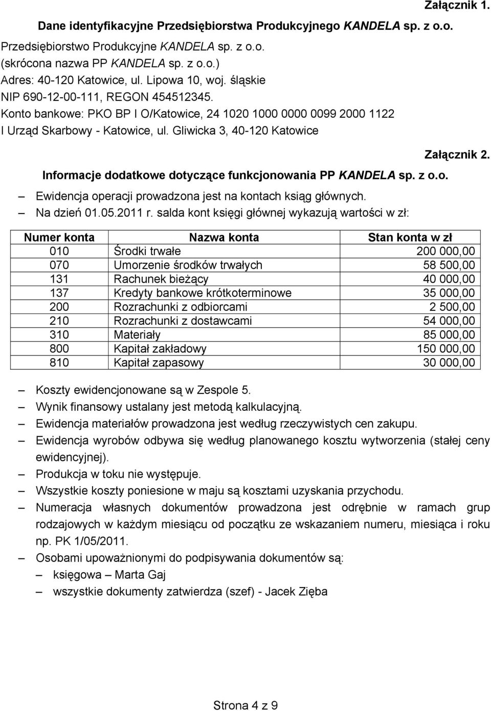 Gliwicka 3, 40-120 Katowice Informacje dodatkowe dotyczące funkcjonowania PP Ewidencja operacji prowadzona jest na kontach ksiąg głównych. Na dzień 01.05.2011 r.