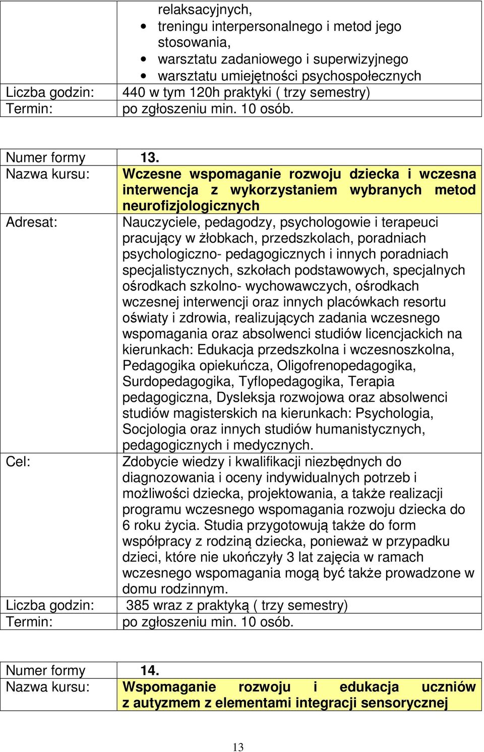 Nazwa kursu: Wczesne wspomaganie rozwoju dziecka i wczesna interwencja z wykorzystaniem wybranych metod neurofizjologicznych Nauczyciele, pedagodzy, psychologowie i terapeuci pracujący w żłobkach,