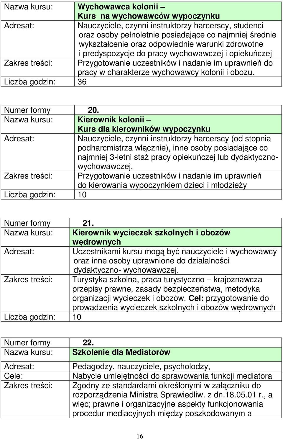 Liczba godzin: 36 Numer formy 20.