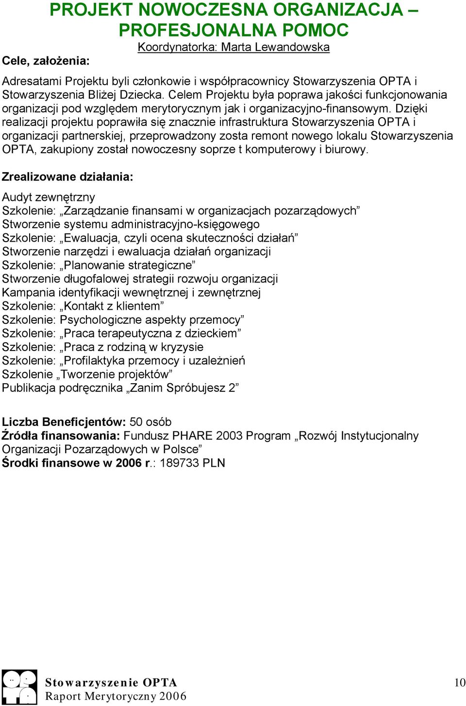 Dzięki realizacji projektu poprawiła się znacznie infrastruktura Stowarzyszenia OPTA i organizacji partnerskiej, przeprowadzony zosta remont nowego lokalu Stowarzyszenia OPTA, zakupiony został