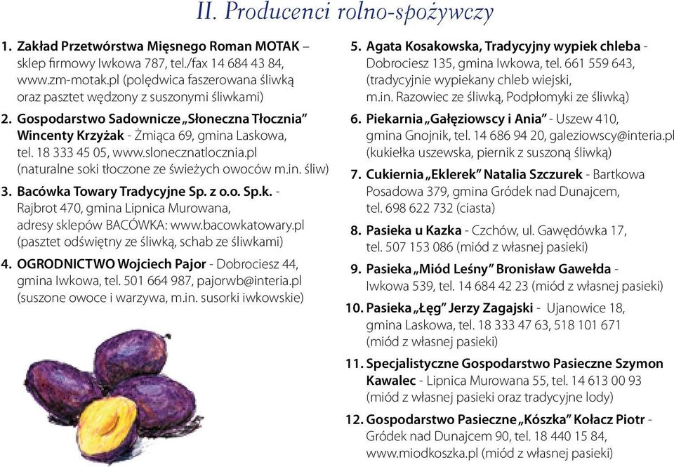 slonecznatlocznia.pl (naturalne soki tłoczone ze świeżych owoców m.in. śliw) 3. Bacówka Towary Tradycyjne Sp. z o.o. Sp.k. - Rajbrot 470, gmina Lipnica Murowana, adresy sklepów BACÓWKA: www.