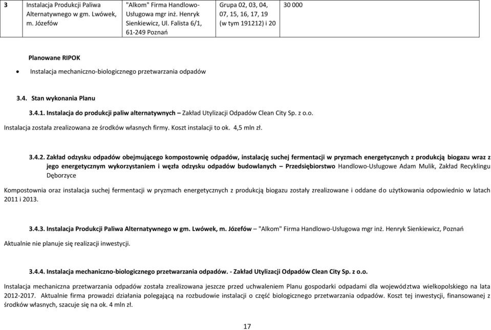 z o.o. Instalacja została zrealizowana ze środków własnych firmy. Koszt instalacji to ok. 4,5 mln zł. 3.4.2.