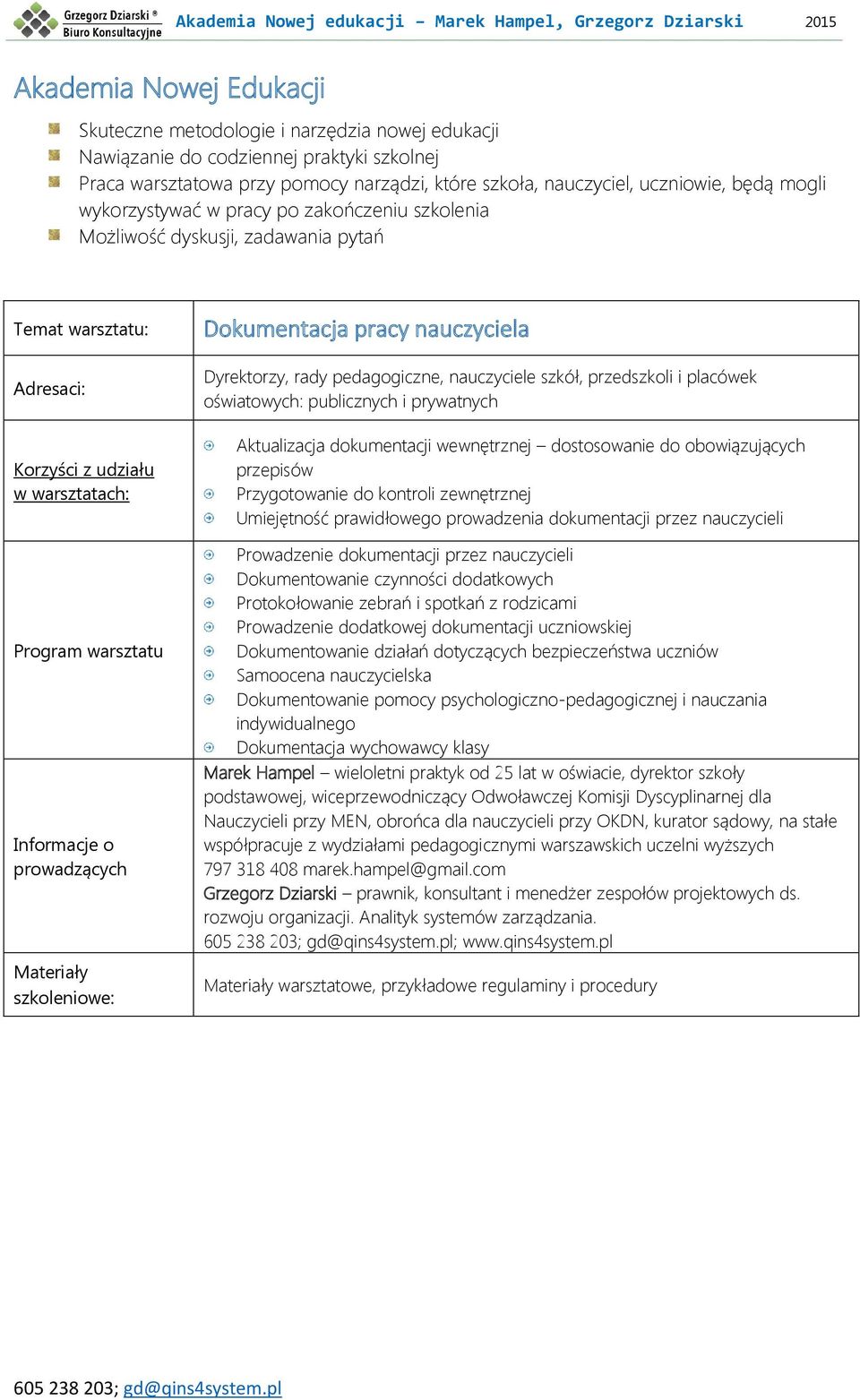 spotkań z rodzicami Prowadzenie dodatkowej dokumentacji uczniowskiej Dokumentowanie działań dotyczących bezpieczeństwa uczniów Samoocena nauczycielska