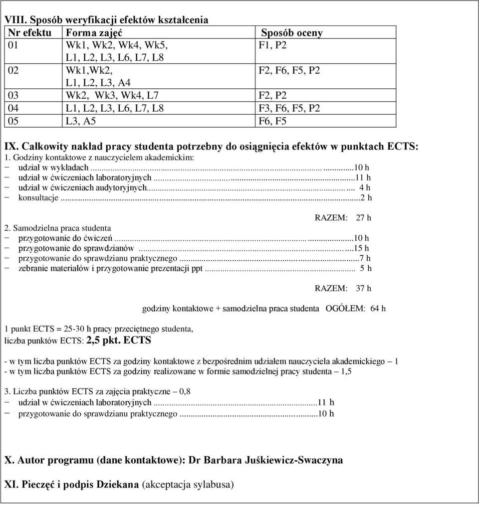 Godziny kontaktowe z nauczycielem akademickim: udział w wykładach......10 h udział w ćwiczeniach laboratoryjnych...11 h udział w ćwiczeniach audytoryjnych... 4 h konsultacje...2 h RAZEM: 27 h 2.