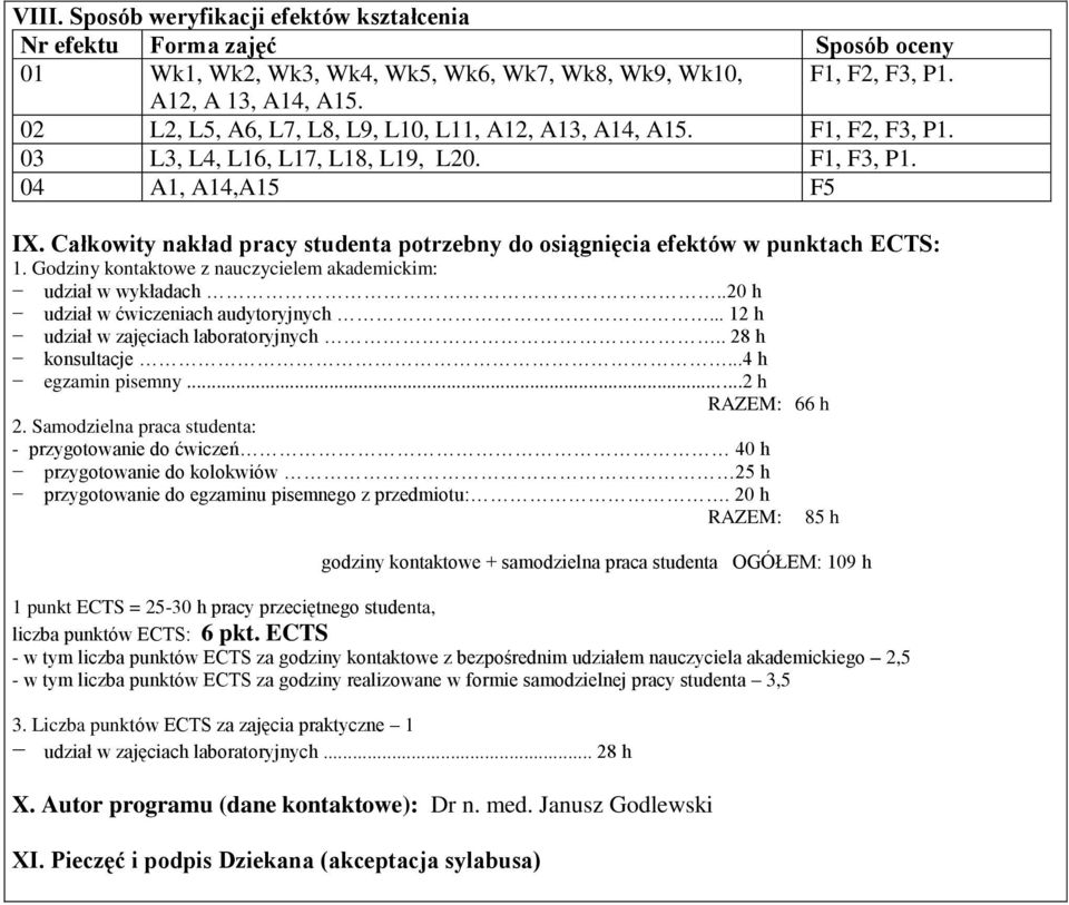 Całkowity nakład pracy studenta potrzebny do osiągnięcia efektów w punktach ECTS: 1. Godziny kontaktowe z nauczycielem akademickim: udział w wykładach..20 h udział w ćwiczeniach audytoryjnych.