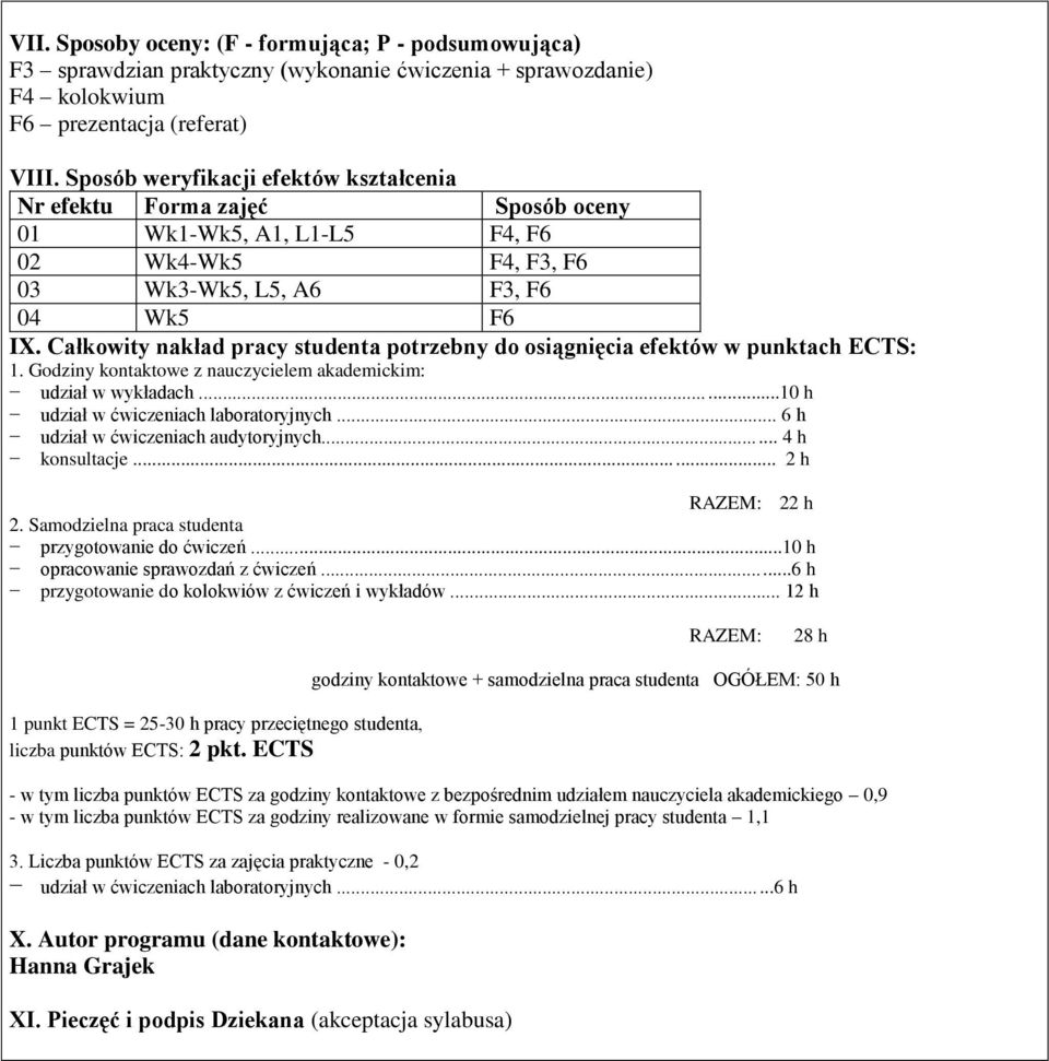 Całkowity nakład pracy studenta potrzebny do osiągnięcia efektów w punktach ECTS: 1. Godziny kontaktowe z nauczycielem akademickim: udział w wykładach......10 h udział w ćwiczeniach laboratoryjnych.