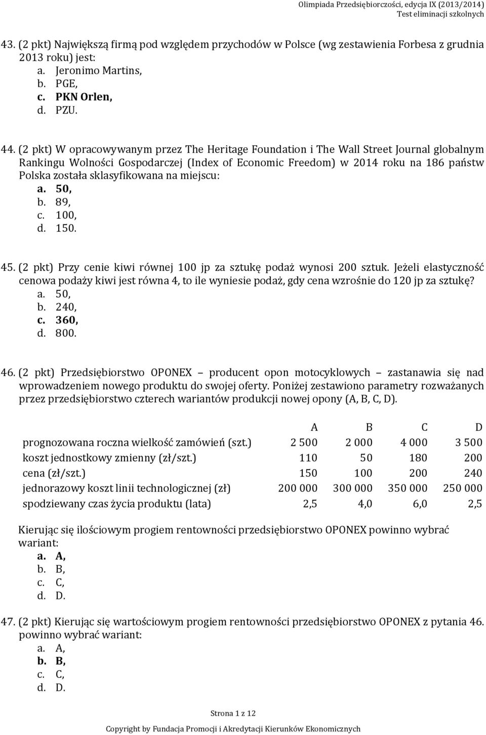 sklasyfikowana na miejscu: a. 50, b. 89, c. 100, d. 150. 45. (2 pkt) Przy cenie kiwi równej 100 jp za sztukę podaż wynosi 200 sztuk.