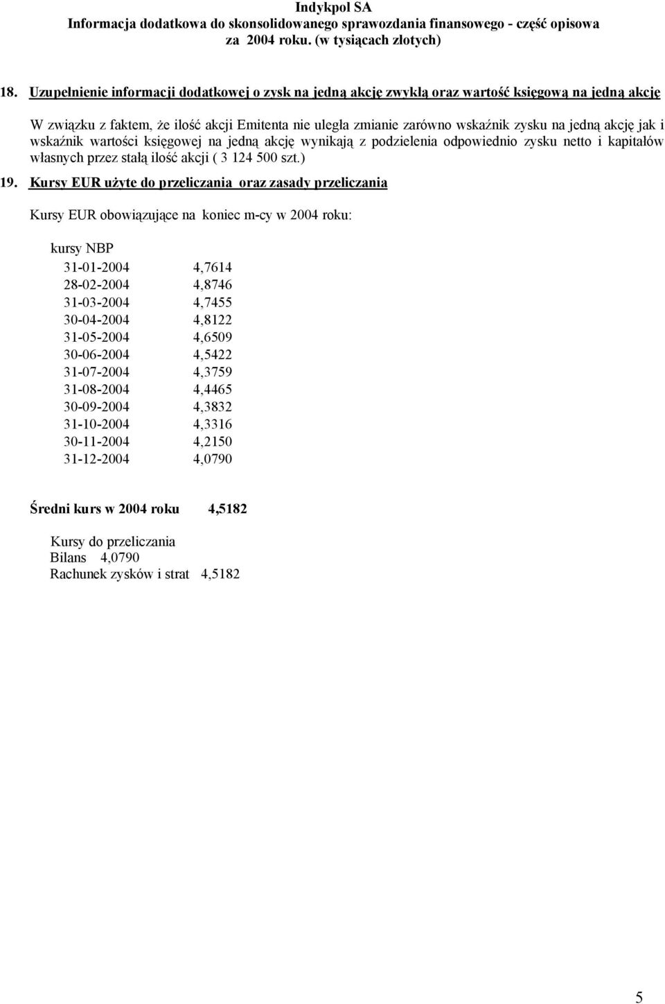 Kursy EUR użyte do przeliczania oraz zasady przeliczania Kursy EUR obowiązujące na koniec m-cy w 2004 roku: kursy NBP 31-01-2004 4,7614 28-02-2004 4,8746 31-03-2004 4,7455 30-04-2004 4,8122