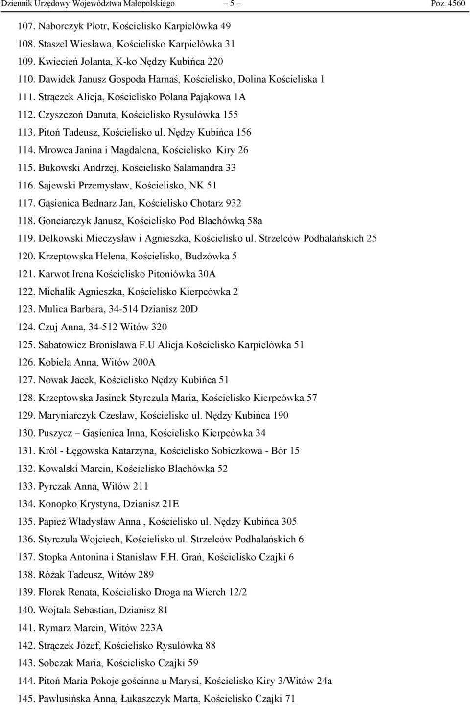 Czyszczoń Danuta, Kościelisko Rysulówka 155 113. Pitoń Tadeusz, Kościelisko ul. Nędzy Kubińca 156 114. Mrowca Janina i Magdalena, Kościelisko Kiry 26 115.