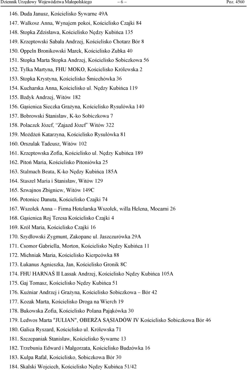 Stopka Marta Stopka Andrzej, Kościelisko Sobiczkowa 56 152. Tylka Martyna, FHU MOKO, Kościelisko Królewska 2 153. Stopka Krystyna, Kościelisko Śmiechówka 36 154. Kucharska Anna, Kościelisko ul.
