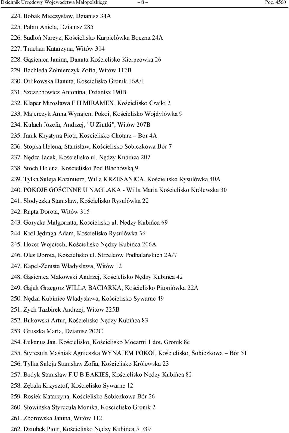 Szczechowicz Antonina, Dzianisz 190B 232. Klaper Mirosława F.H MIRAMEX, Kościelisko Czajki 2 233. Majerczyk Anna Wynajem Pokoi, Kościelisko Wojdyłówka 9 234.