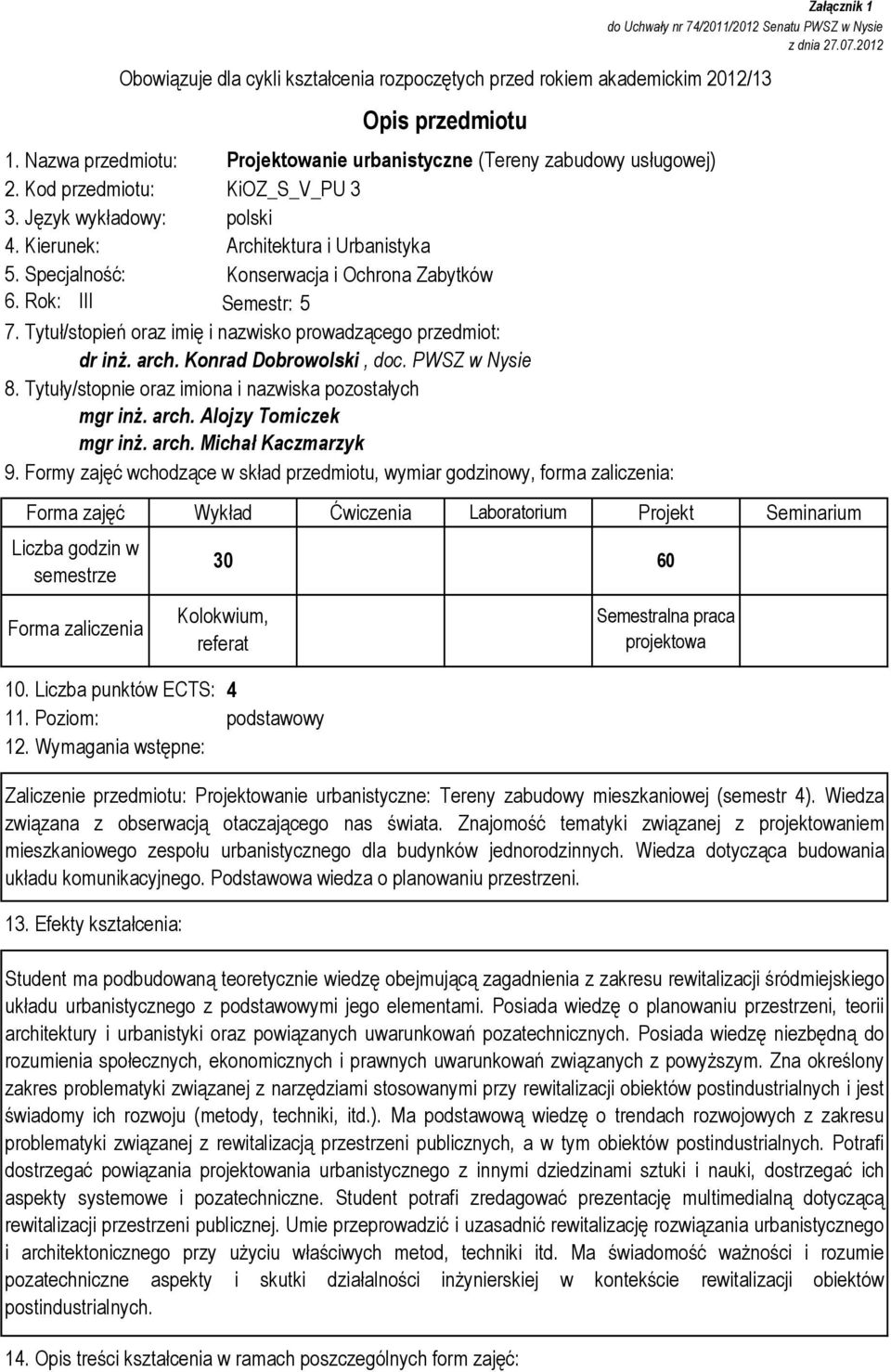 Tytuły/stopnie oraz imiona i nazwiska pozostałych mgr inż. arch. Alojzy Tomiczek mgr inż. arch. Michał Kaczmarzyk 9. Formy zajęć wchodzące w skład przedmiotu, wymiar godzinowy, forma zaliczenia: 10.