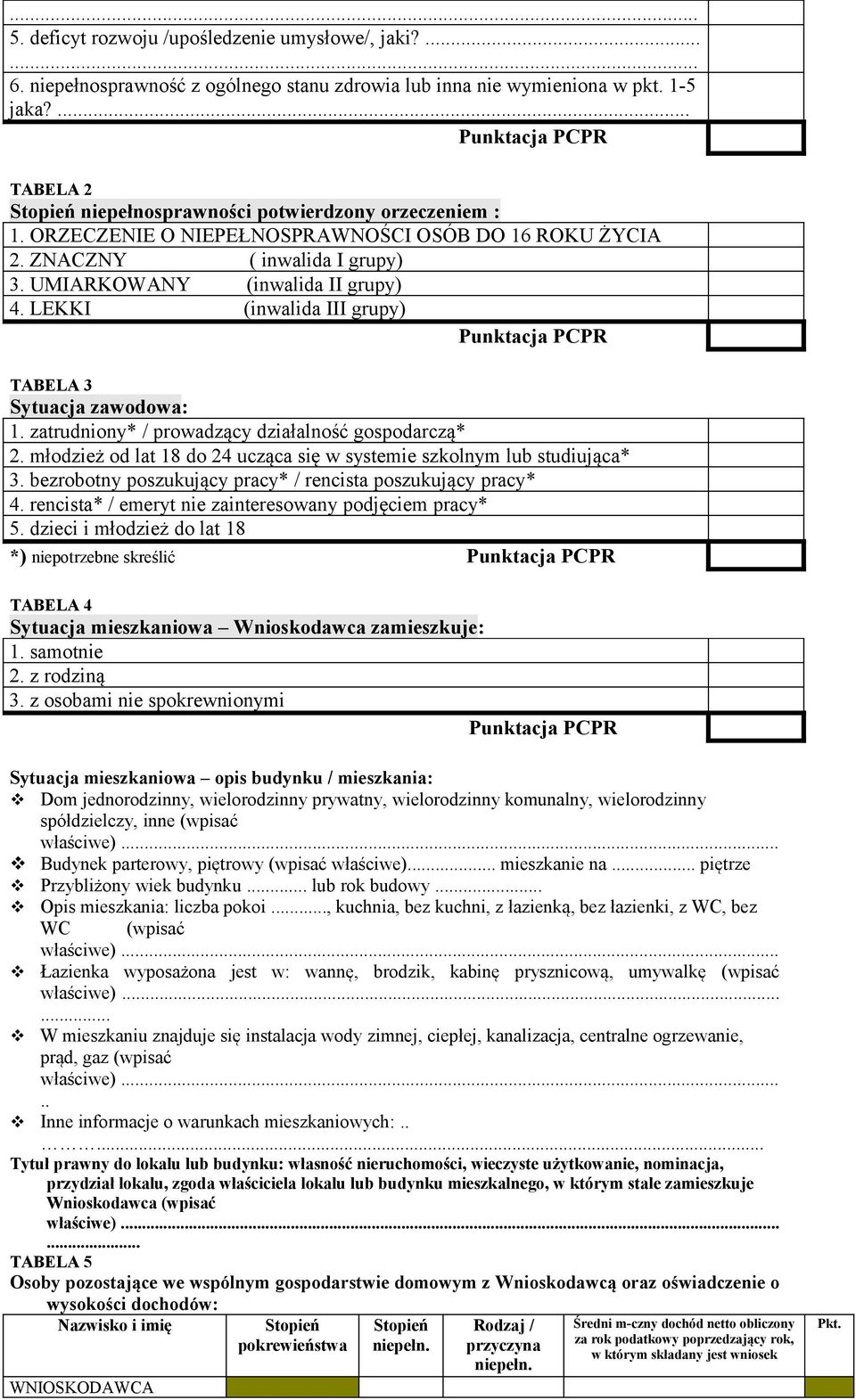 LEKKI (inwalida III grupy) TABELA 3 Sytuacja zawodowa: 1. zatrudniony* / prowadzący działalność gospodarczą* 2. młodzież od lat 18 do 24 ucząca się w systemie szkolnym lub studiująca* 3.