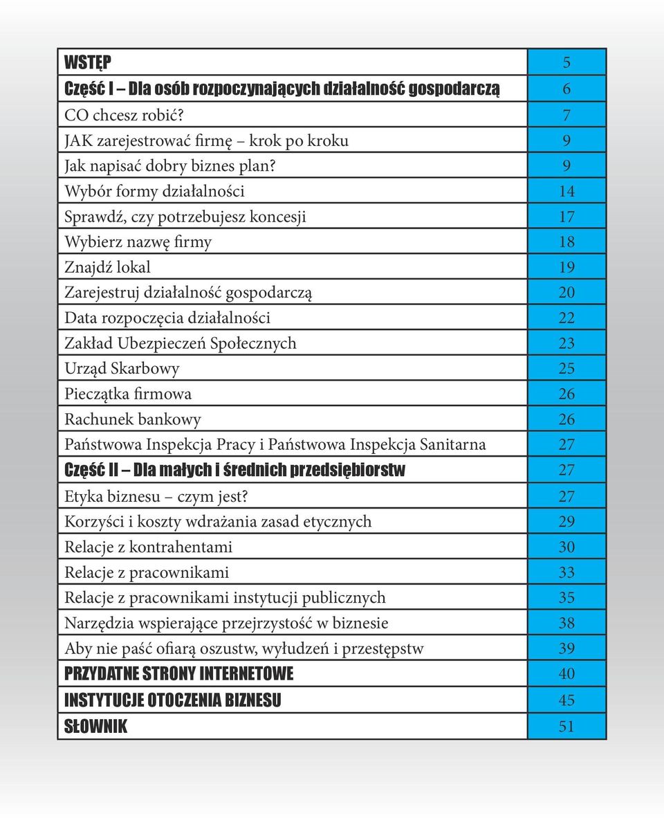 Społecznych 23 Urząd Skarbowy 25 Pieczątka firmowa 26 Rachunek bankowy 26 Państwowa Inspekcja Pracy i Państwowa Inspekcja Sanitarna 27 Część II Dla małych i średnich przedsiębiorstw 27 Etyka biznesu