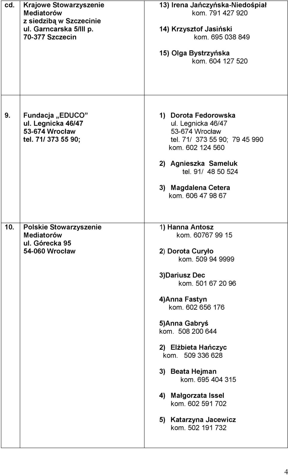 602 124 560 2) Agnieszka Sameluk tel. 91/ 48 50 524 3) Magdalena Cetera kom. 606 47 98 67 10. Polskie Stowarzyszenie Mediatorów ul. Górecka 95 54-060 Wrocław 1) Hanna Antosz kom.