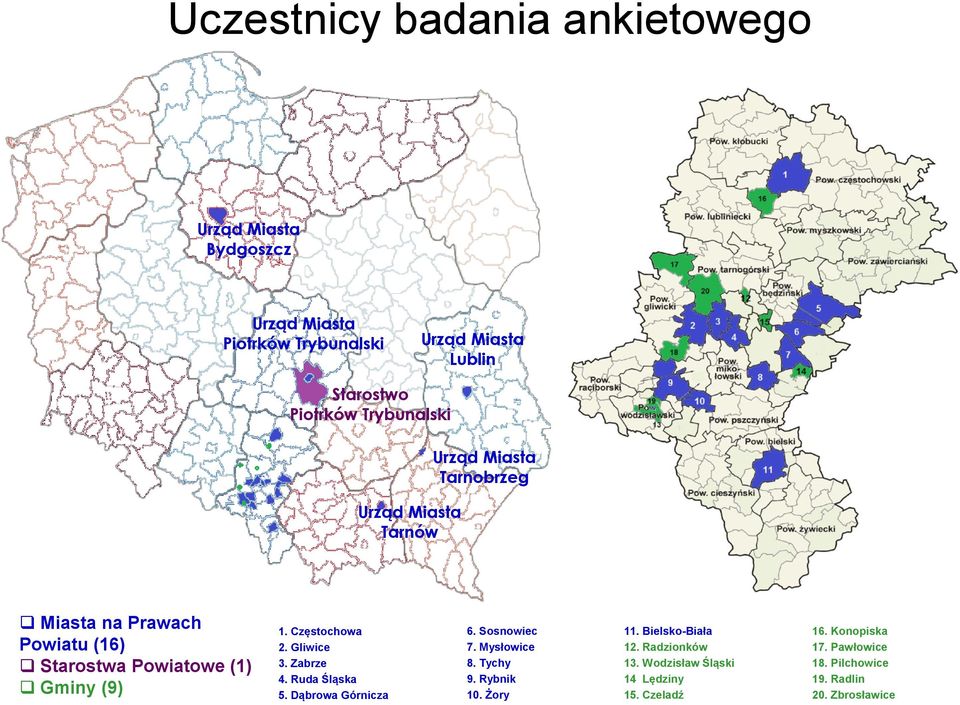 Częstochowa 2. Gliwice 3. Zabrze 4. Ruda Śląska 5. Dąbrowa Górnicza 6. Sosnowiec 7. Mysłowice 8. Tychy 9. Rybnik 10. Żory 11.