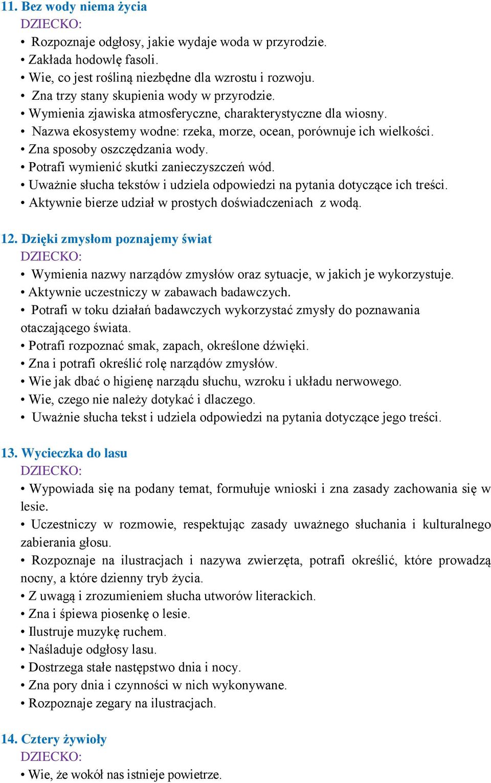 Potrafi wymienić skutki zanieczyszczeń wód. Uważnie słucha tekstów i udziela odpowiedzi na pytania dotyczące ich treści. Aktywnie bierze udział w prostych doświadczeniach z wodą. 12.