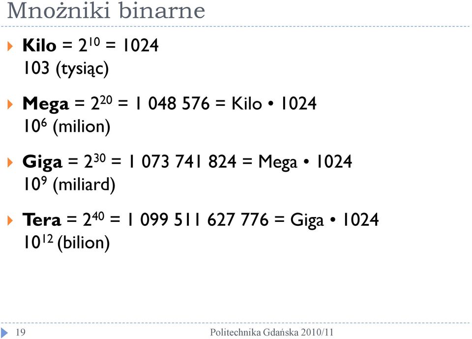 30 = 1 073 741 824 = Mega 1024 10 9 (miliard) Tera =