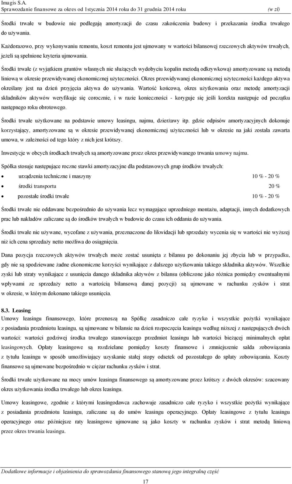 Środki trwałe (z wyjątkiem gruntów własnych nie służących wydobyciu kopalin metodą odkrywkową) amortyzowane są metodą liniową w okresie przewidywanej ekonomicznej użyteczności.