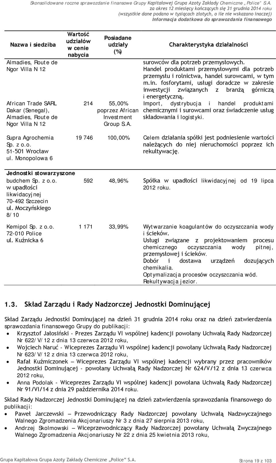 Handel produktami przemysłowymi dla potrzeb przemysłu i rolnictwa, handel surowcami, w tym m.in. fosforytami, usługi doradcze w zakresie inwestycji związanych z branżą górniczą i energetyczną.