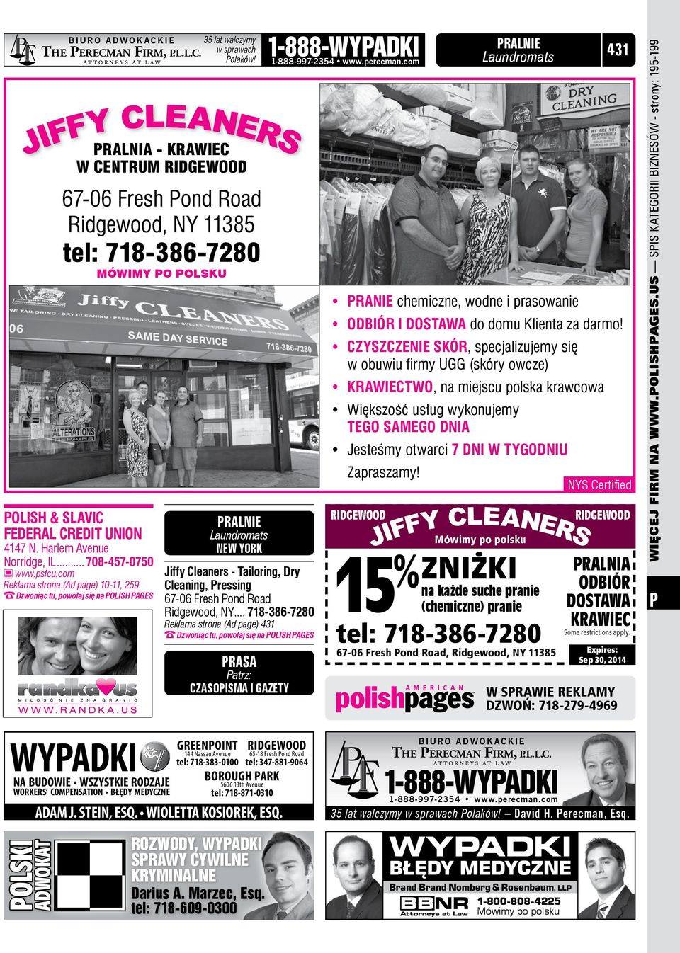 .. 718-386-7280 Reklama strona (Ad page) 431 RASA atrz: CZASOISMA i GAZETY 1-888-WYADKI 1-888-997-2354 www.perecman.