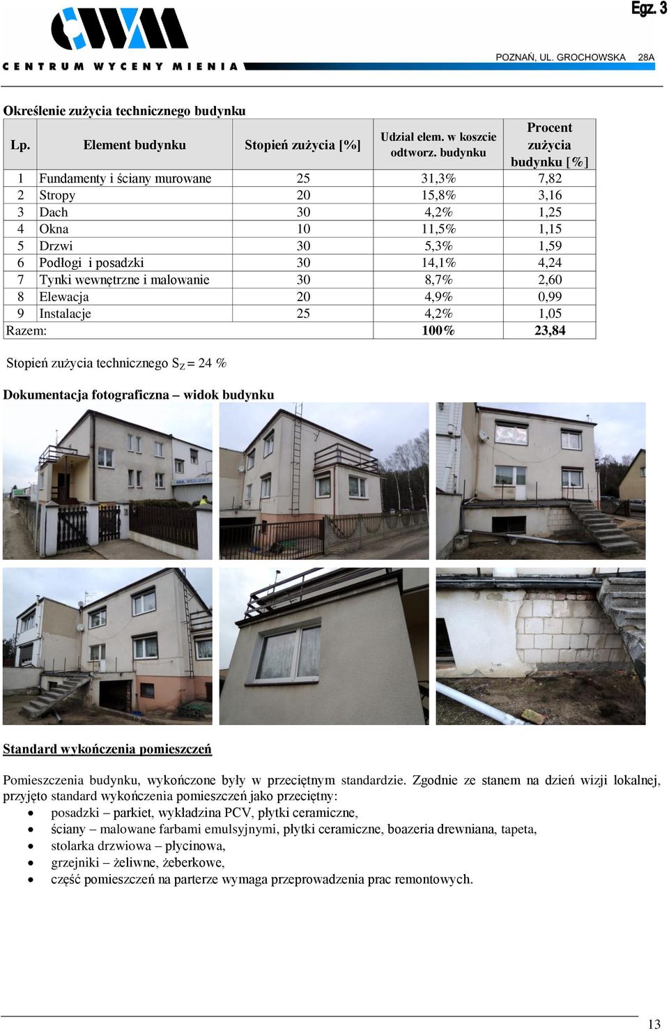 4,24 7 Tynki wewnętrzne i malowanie 30 8,7% 2,60 8 Elewacja 20 4,9% 0,99 9 Instalacje 25 4,2% 1,05 Razem: 100% 23,84 Stopień zużycia technicznego S Z = 24 % Dokumentacja fotograficzna widok budynku