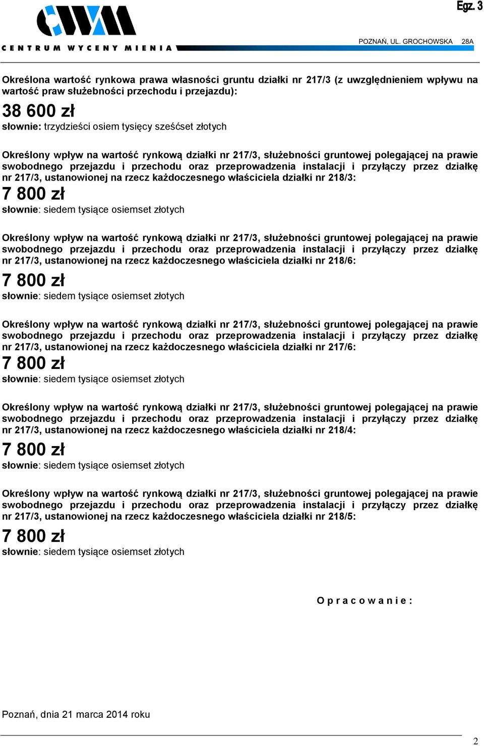 217/3, ustanowionej na rzecz każdoczesnego właściciela działki nr 218/3: 7 800 zł słownie: siedem tysiące osiemset  217/3, ustanowionej na rzecz każdoczesnego właściciela działki nr 218/6: 7 800 zł