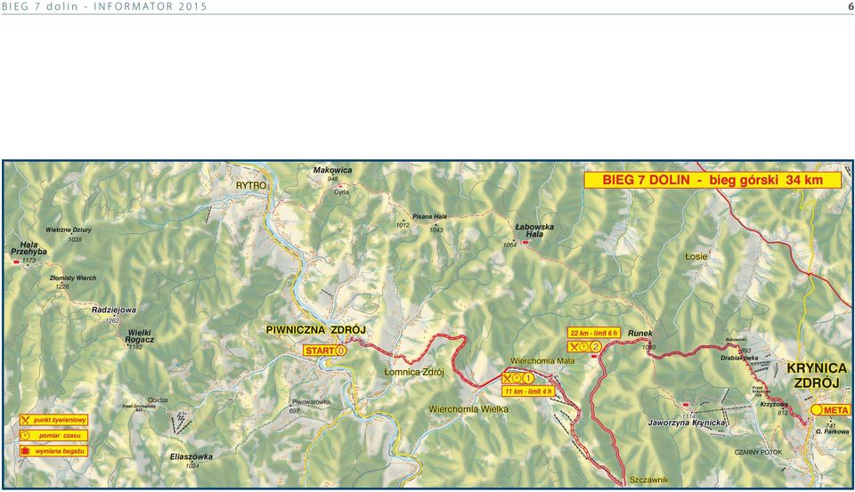 Bukowinki 1080 893 Drabiakówka Wierchomla Mała Łomnica Zdrój 1 Przeł. Krzyżowa 768 11 km - limit 4 h Obidza Piwowarówka Przeł.