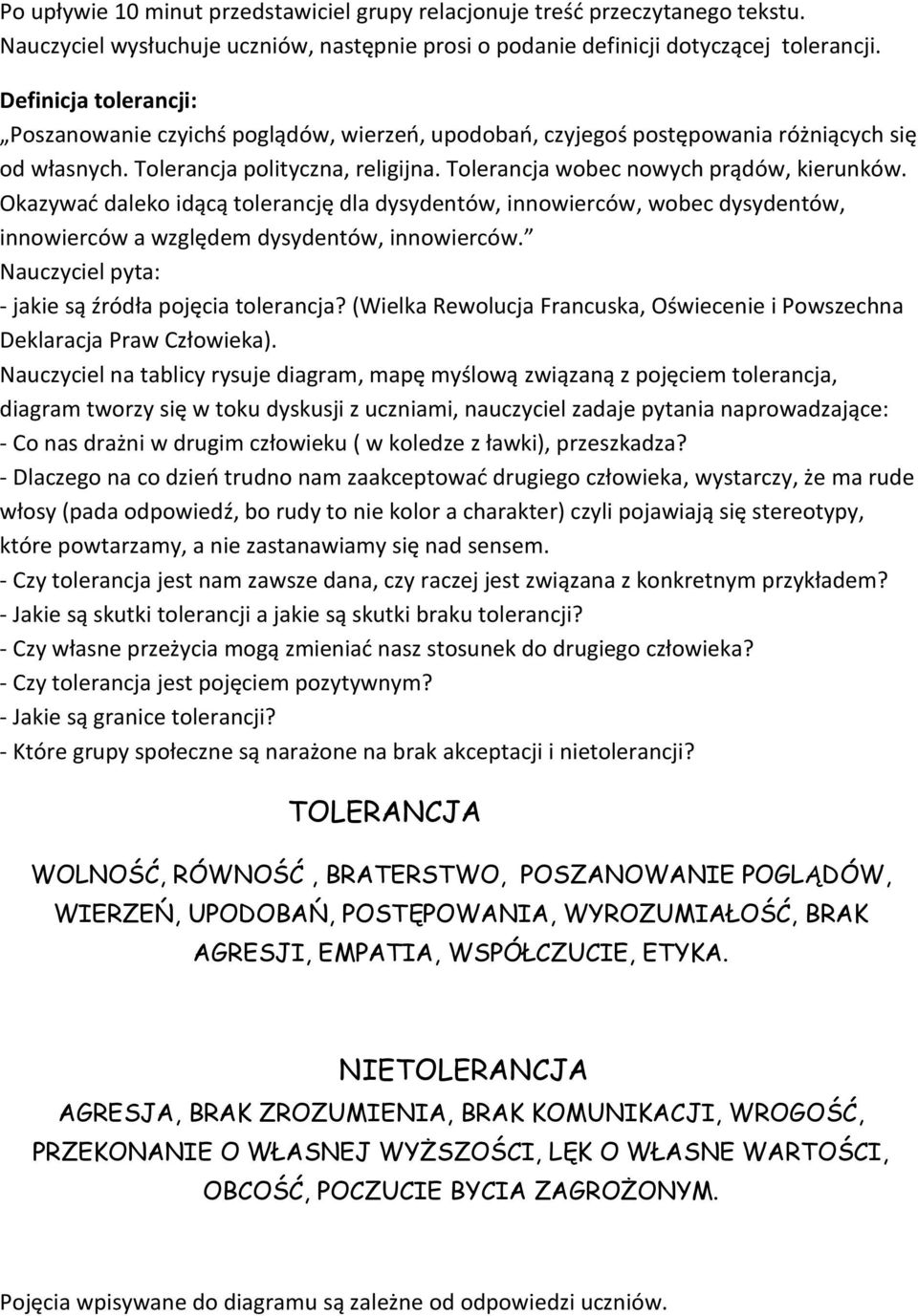 Okazywać daleko idącą tolerancję dla dysydentów, innowierców, wobec dysydentów, innowierców a względem dysydentów, innowierców. Nauczyciel pyta: - jakie są źródła pojęcia tolerancja?