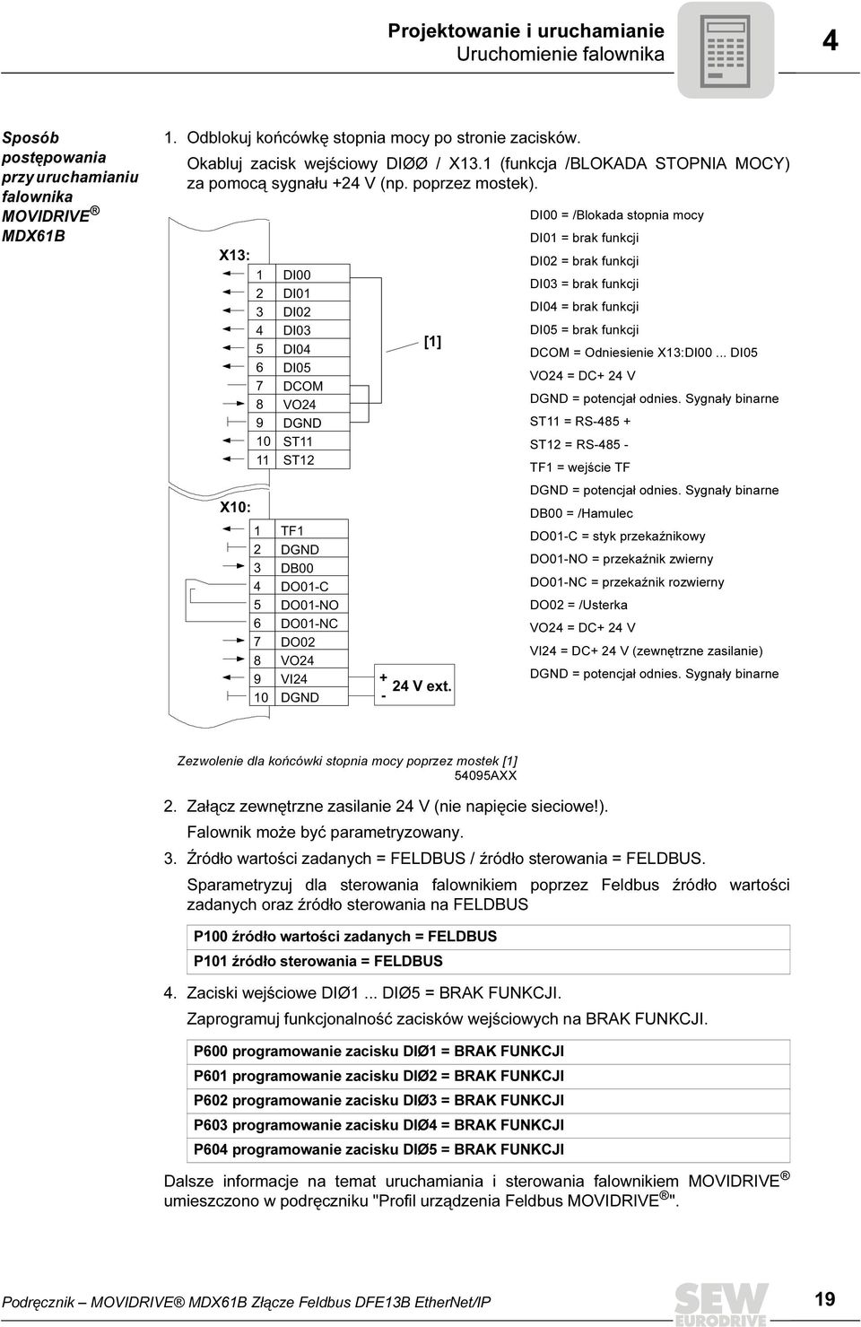 - - - X13: X10: 1 2 3 4 5 6 7 8 9 10 11 1 2 3 4 5 6 7 8 9 10 DI00 DI01 DI02 DI03 DI04 DI05 DCOM VO24 DGND ST11 ST12 TF1 DGND DB00 DO01-C DO01-NO DO01-NC DO02 VO24 VI24 DGND + - [1] 24 V ext.