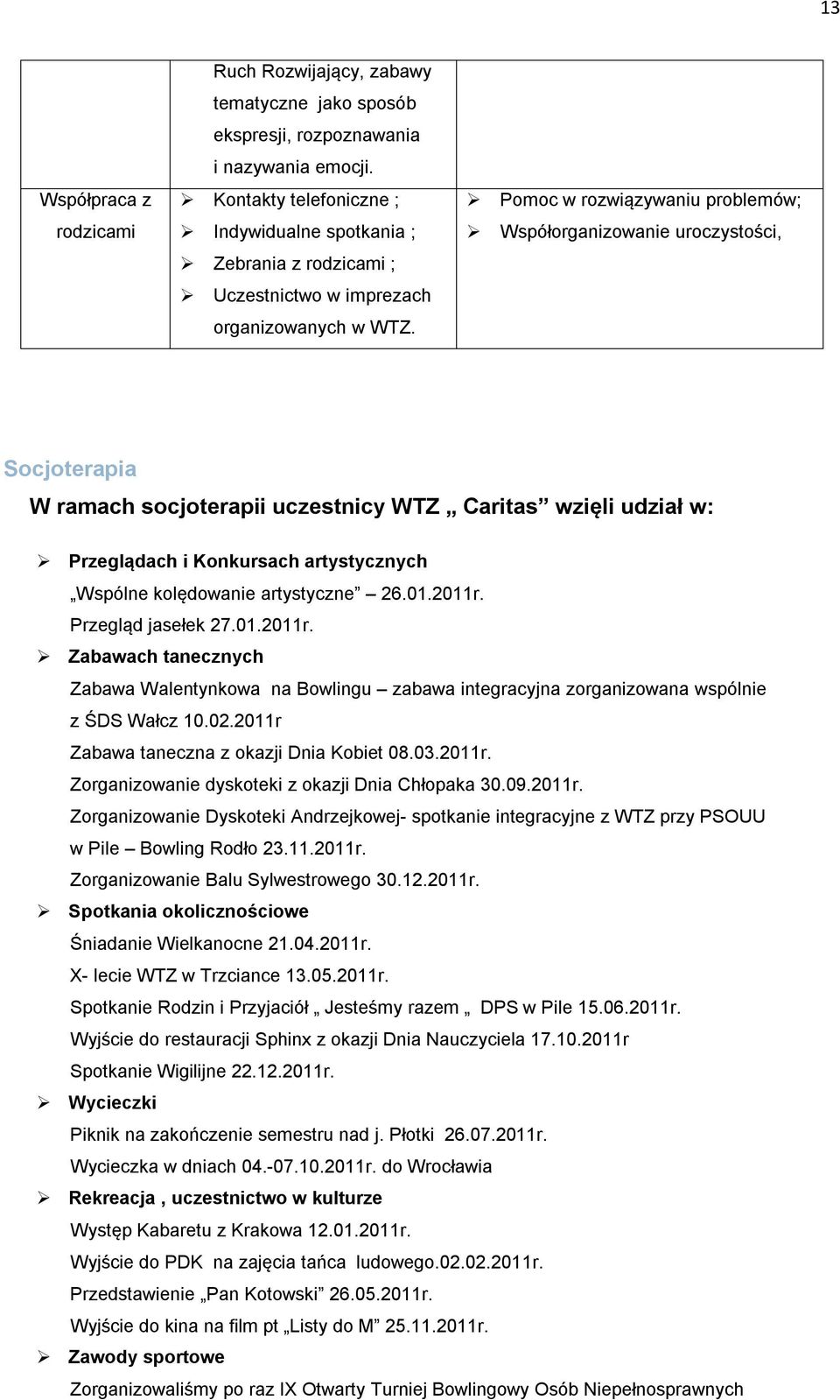 Pomoc w rozwiązywaniu problemów; Współorganizowanie uroczystości, Socjoterapia W ramach socjoterapii uczestnicy WTZ Caritas wzięli udział w: Przeglądach i Konkursach artystycznych Wspólne kolędowanie