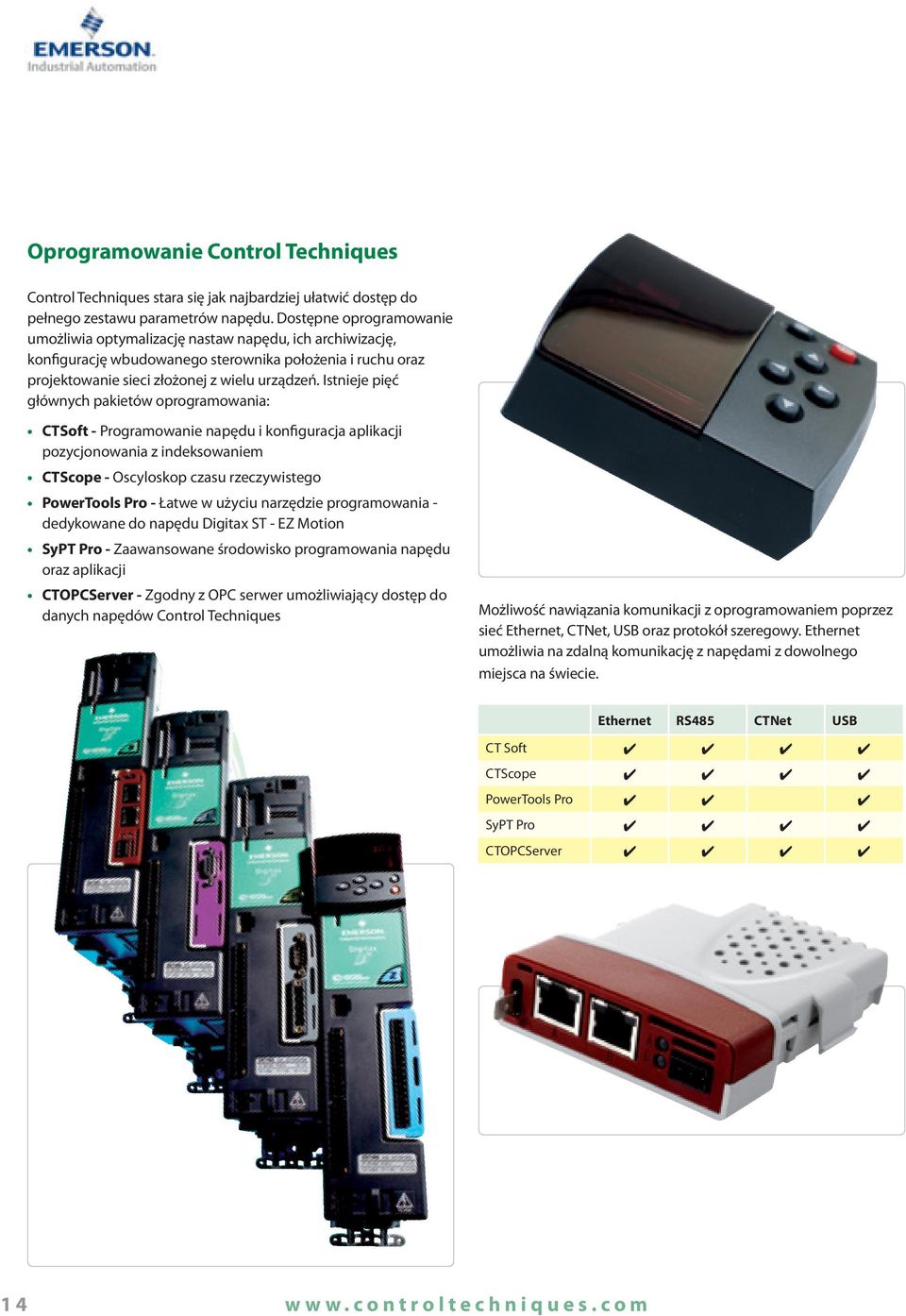 Istnieje pięć głównych pakietów oprogramowania: CTSoft - Programowanie napędu i konfiguracja aplikacji pozycjonowania z indeksowaniem CTScope - Oscyloskop czasu rzeczywistego PowerTools Pro - Łatwe w