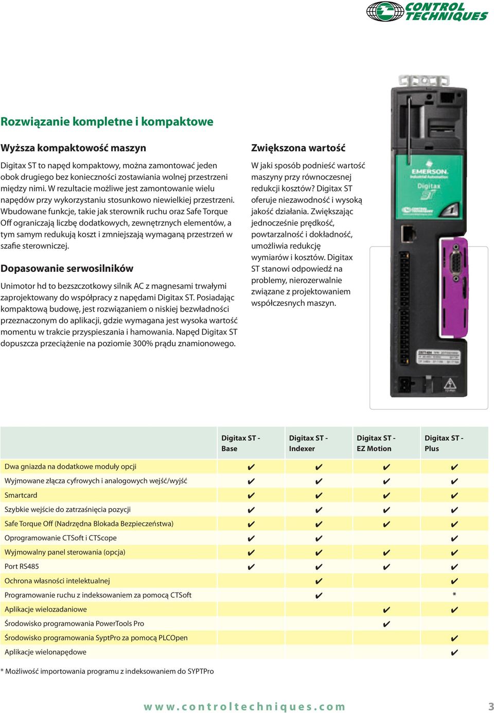 Wbudowane funkcje, takie jak sterownik ruchu oraz Safe Torque Off ograniczają liczbę dodatkowych, zewnętrznych elementów, a tym samym redukują koszt i zmniejszają wymaganą przestrzeń w szafie