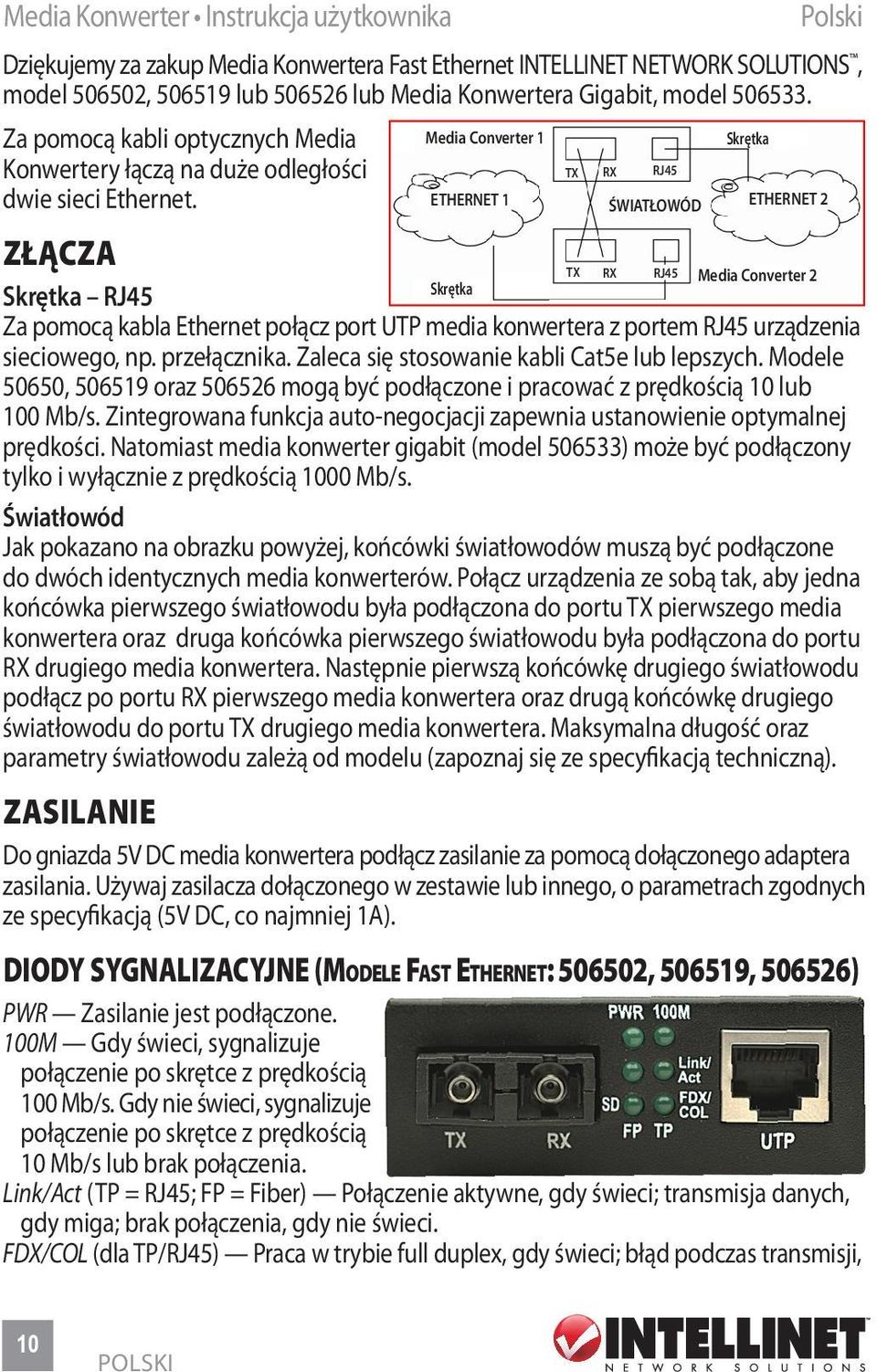 Media Converter 1 ZŁĄCZA TX RX RJ45 Media Converter 2 Skrętka Skrętka RJ45 Za pomocą kabla Ethernet połącz port UTP media konwertera z portem RJ45 urządzenia sieciowego, np. przełącznika.
