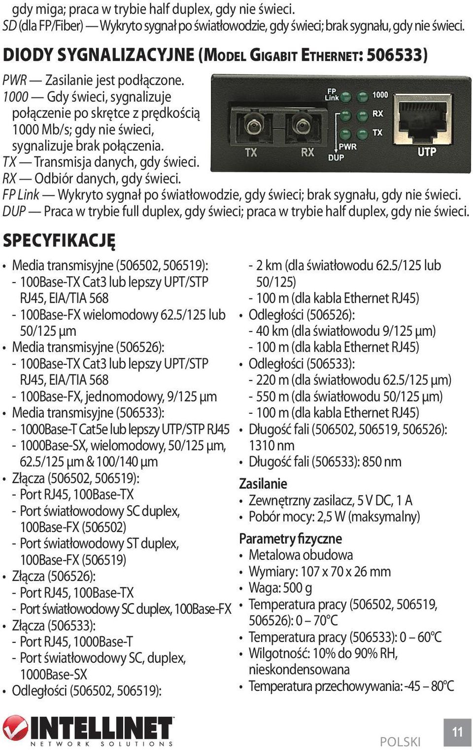 1000 Gdy świeci, sygnalizuje połączenie po skrętce z prędkością 1000 Mb/s; gdy nie świeci, sygnalizuje brak połączenia. TX Transmisja danych, gdy świeci. RX Odbiór danych, gdy świeci.