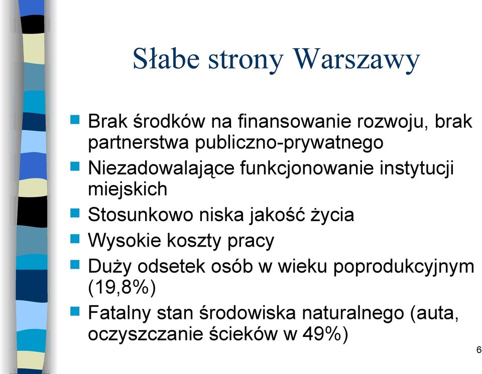 Stosunkowo niska jakość życia Wysokie koszty pracy Duży odsetek osób w wieku