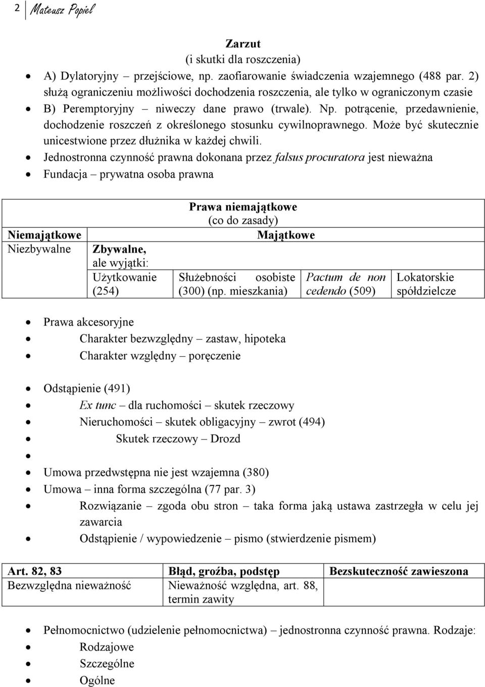 potrącenie, przedawnienie, dochodzenie roszczeń z określonego stosunku cywilnoprawnego. Może być skutecznie unicestwione przez dłużnika w każdej chwili.