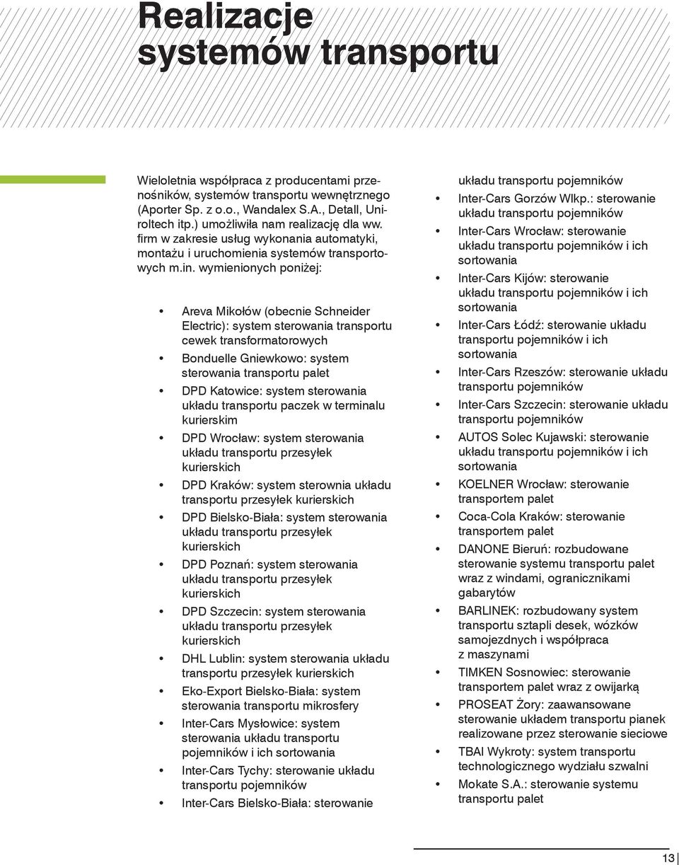 wymienionych poniżej: Areva Mikołów (obecnie Schneider Electric): system sterowania transportu cewek transformatorowych Bonduelle Gniewkowo: system sterowania transportu palet DPD Katowice: system