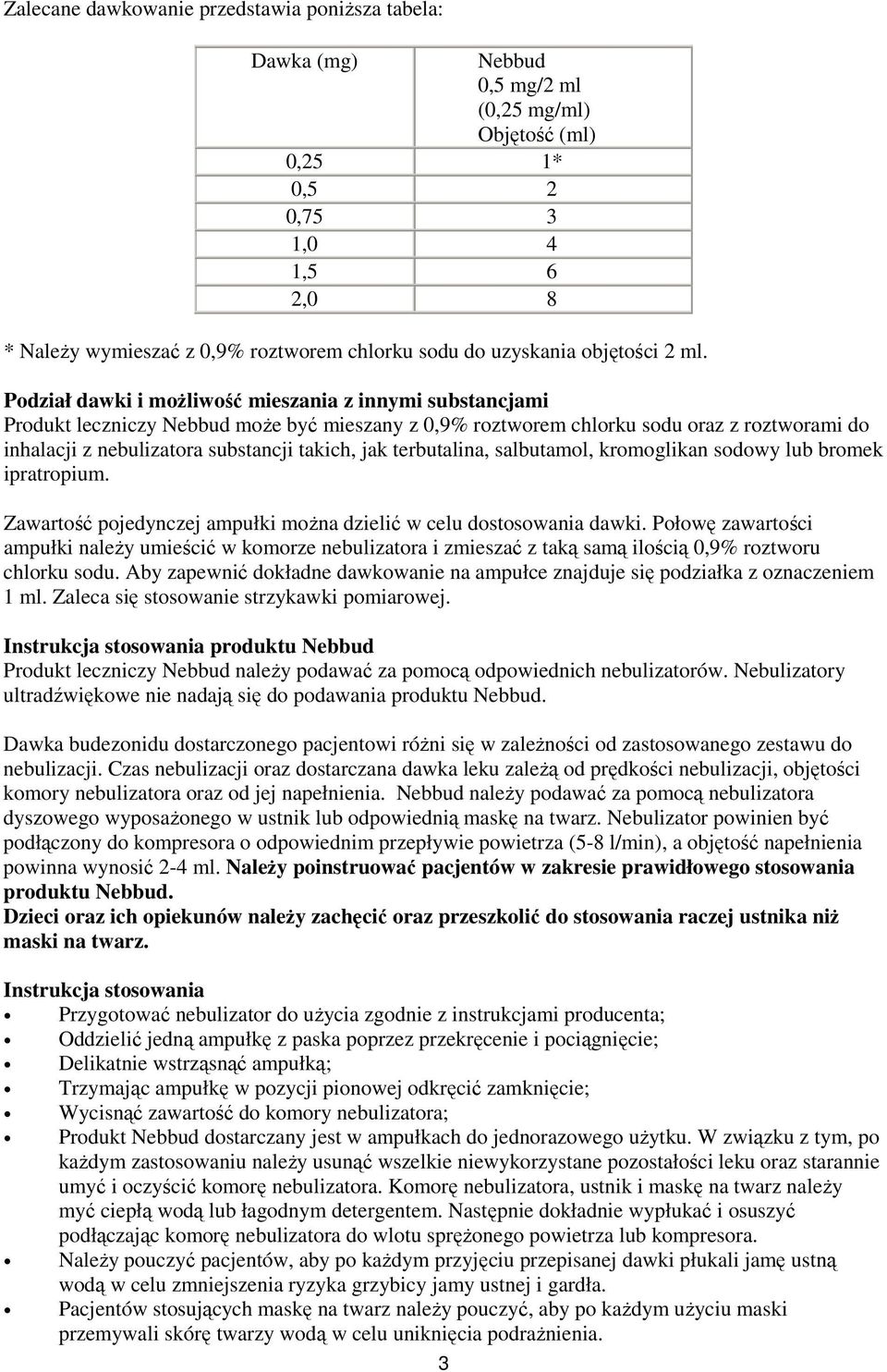 Podział dawki i moŝliwość mieszania z innymi substancjami Produkt leczniczy Nebbud moŝe być mieszany z 0,9% roztworem chlorku sodu oraz z roztworami do inhalacji z nebulizatora substancji takich, jak